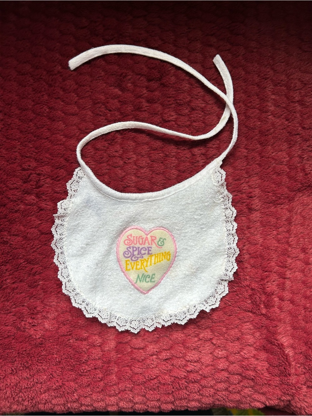 Sugar & Spice & Everything Nice Vintage Tie on Baby Girl Bib White Lace Shower